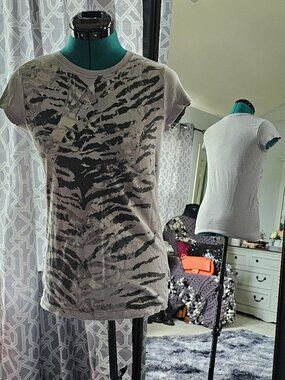 Mudd Tiger Stripe Graphic Tee – Grey/Black 100% Cotton – Size L - Vintage/Y2K